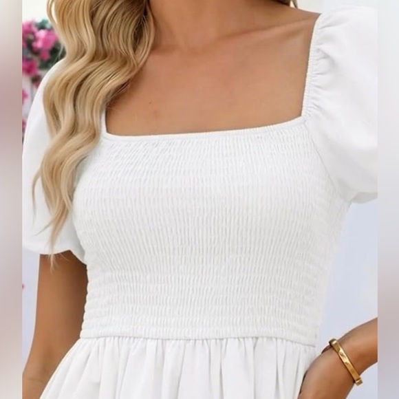 Boho Puff Sleeve Modest Midi Square Neck Dress | Easter Dress, Wedding Dress - Picture 4 of 5